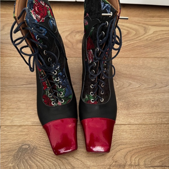 John Fluevog Black and Red Embroidered Heels - Picture 2 of 7